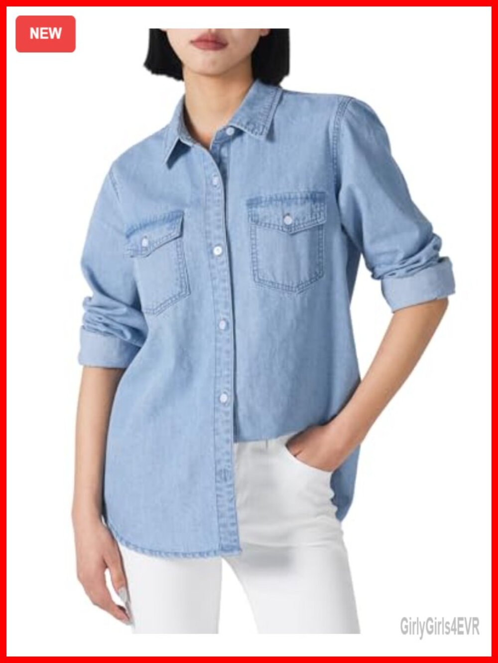 100% Cotton Denim Button Down Shirt Long Sleeve Chambray Casual Jean Top